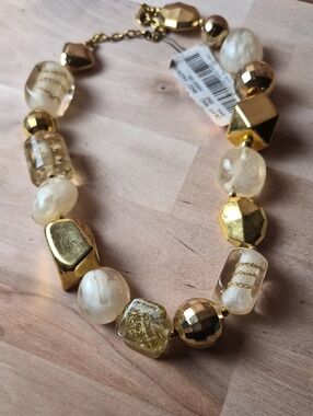 Gold and Cream Beaded Statement Necklace - Women's Fashion Jewelry